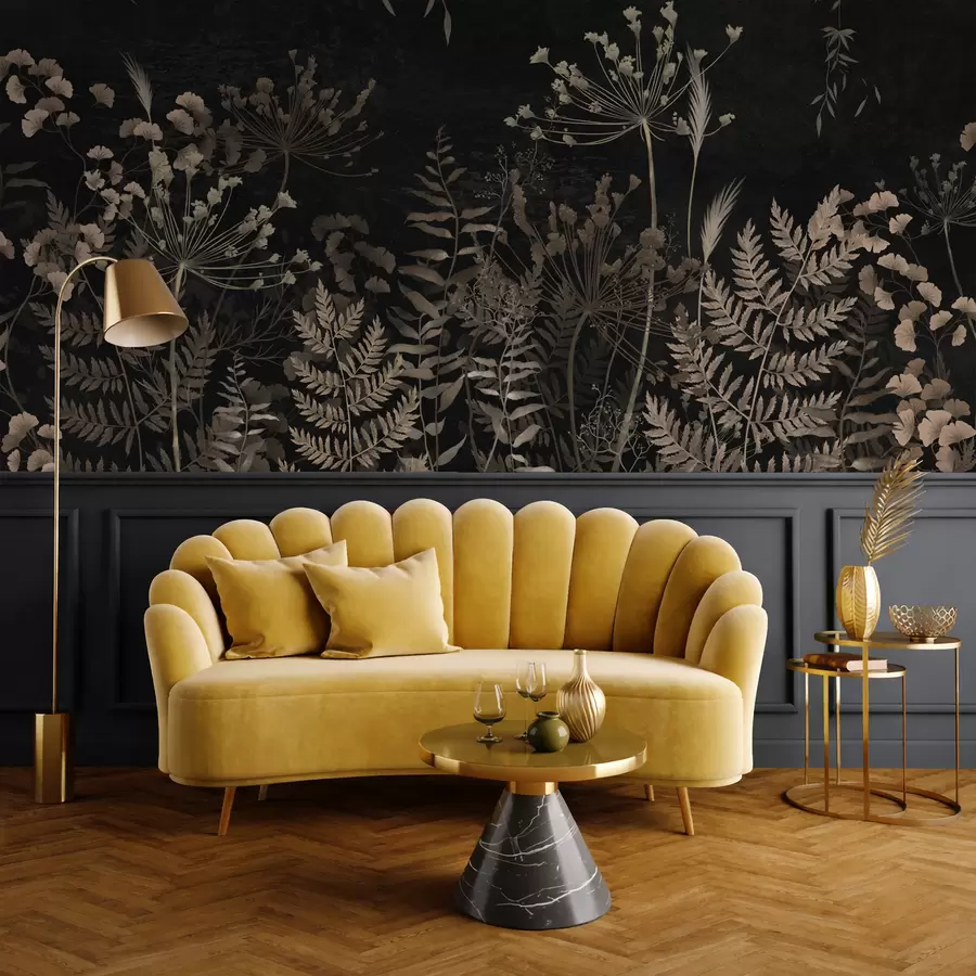 murales de pared Diseño botánico oscuro con flores y hojas. w05092