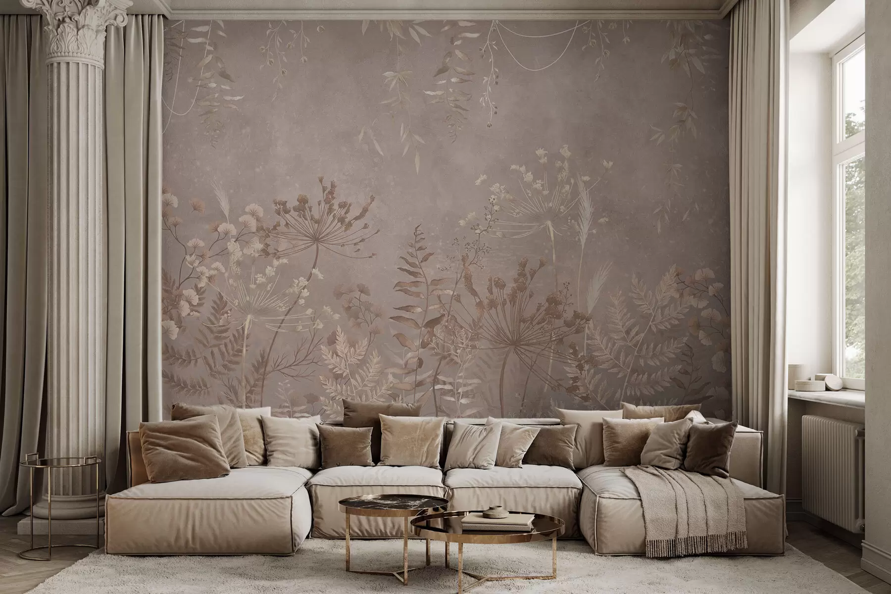 murales de pared Motivo botánico en beige suave con flores silvestres. w05092v2