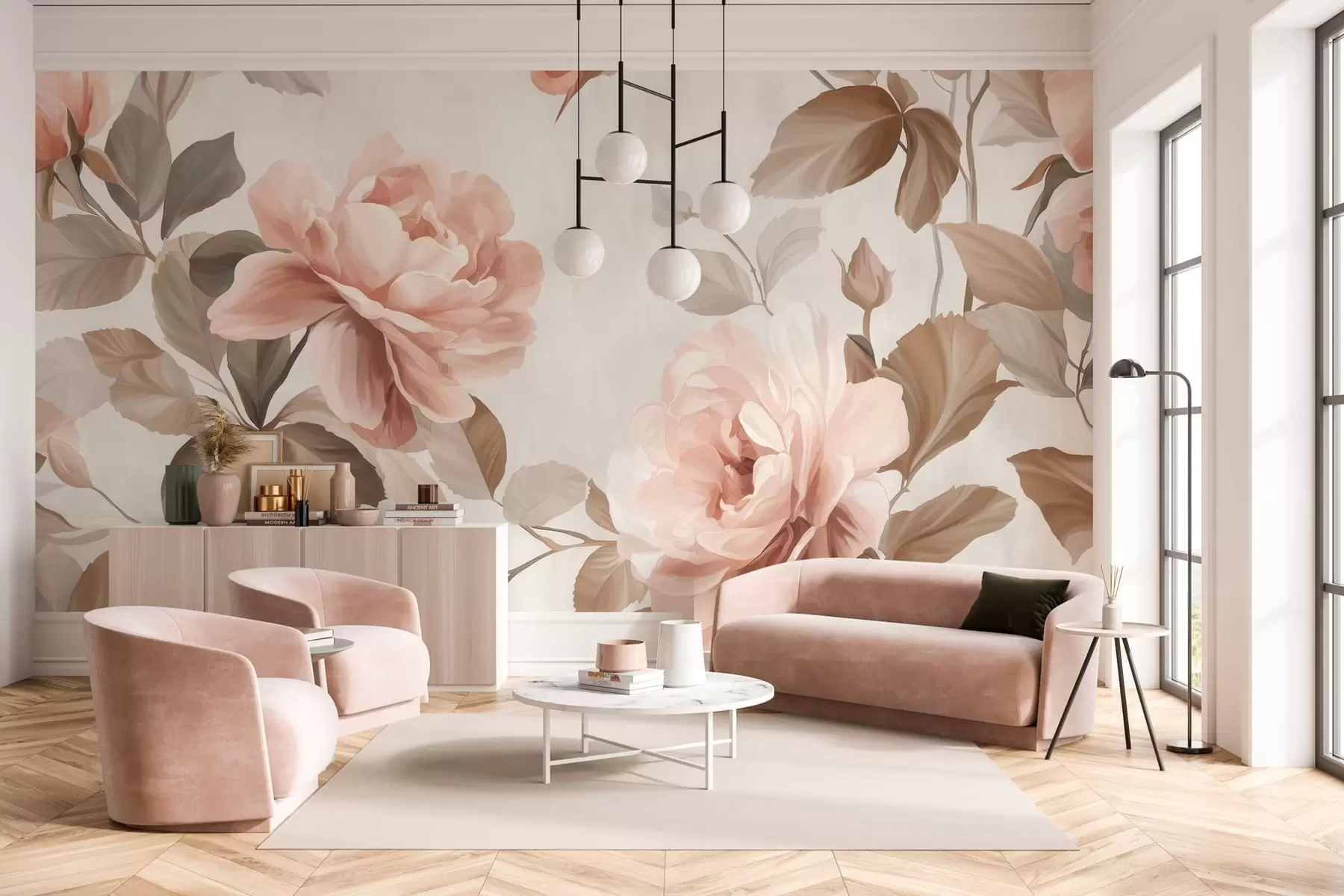 murales de pared rosas pintorescas al estilo de la pintura al óleo w04873