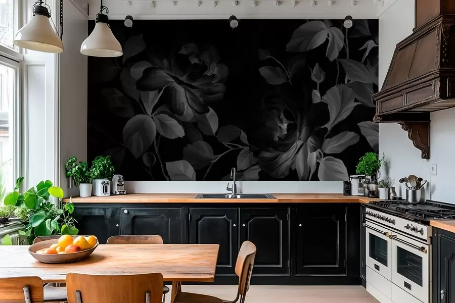 murales de pared Rosas pintorescas en blanco y negro al estilo de la pintura al óleo.  w04873v1