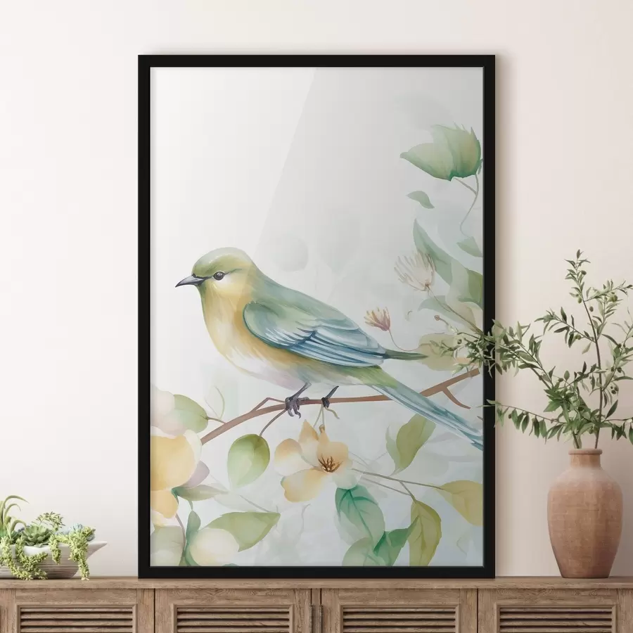 murales de pared Herrerillo en una rama, imitación acuarela f46892