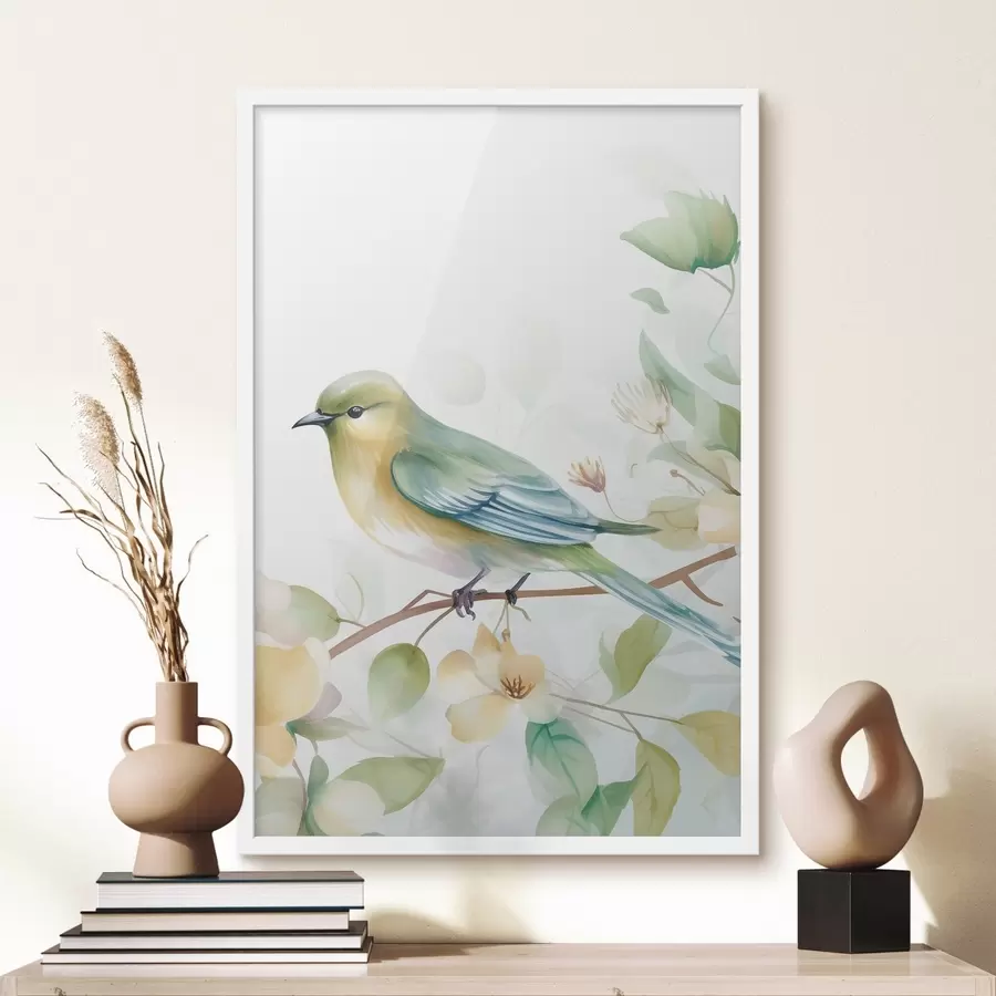 murales de pared Herrerillo en una rama, imitación acuarela f46892