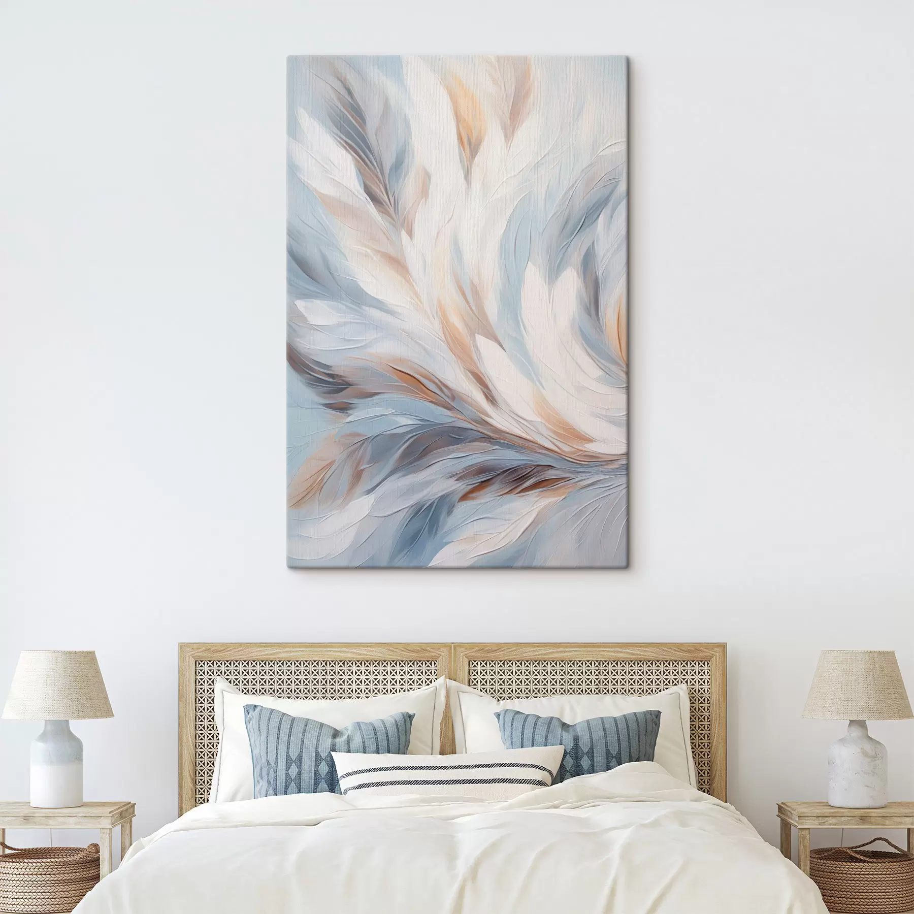murales de pared Pintura abstracta de plumas en tonos blancos, azules y marrones, con una textura suave y fluida y un fondo claro. s47417