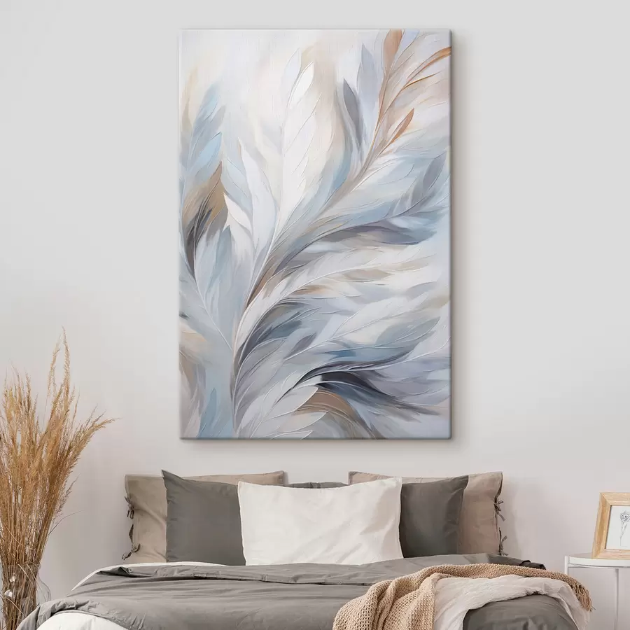 murales de pared Delicadas plumas azul claro y marrón con una textura suave y etérea, sobre un fondo blanco. s47416