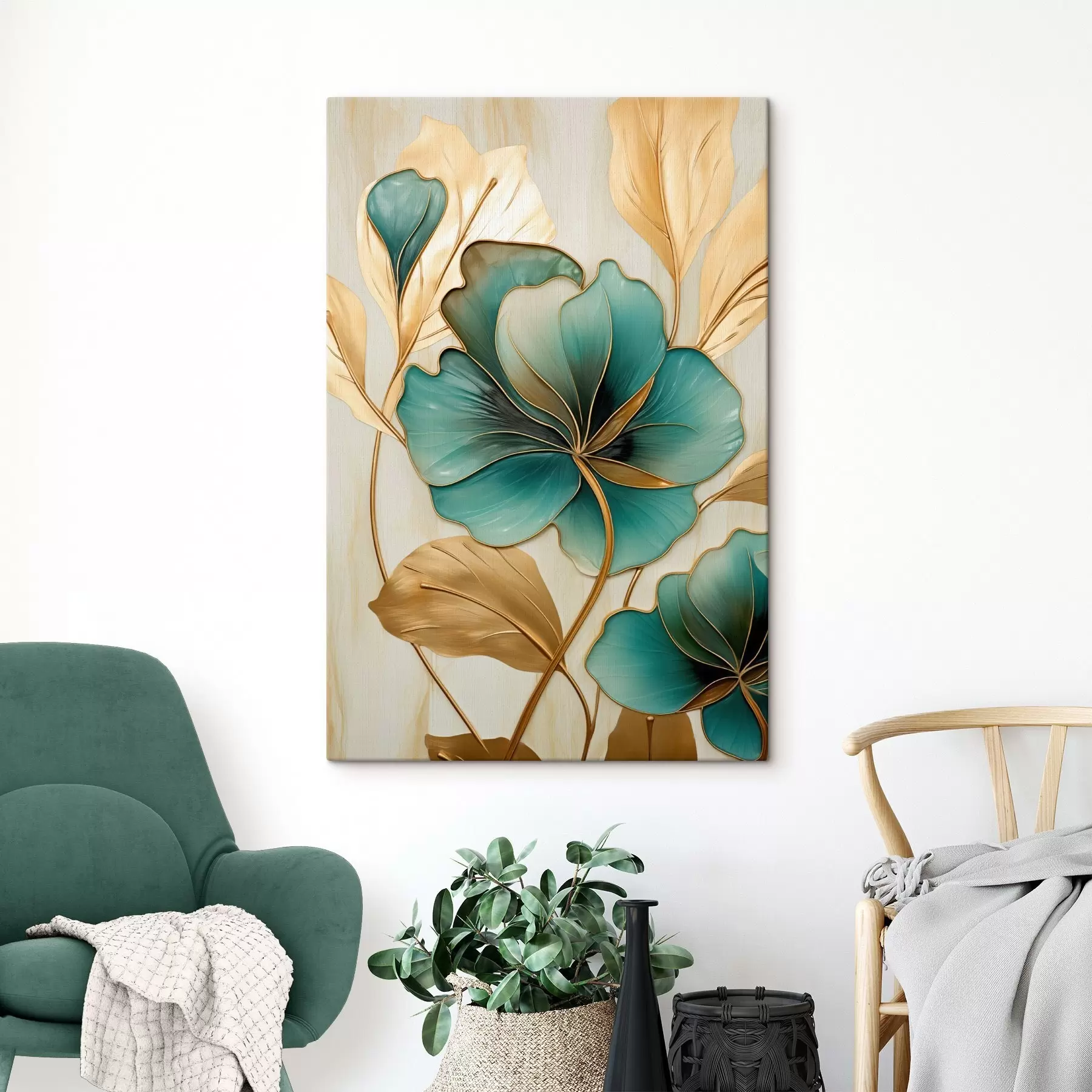 murales de pared Grandes flores verde azuladas y amarillas con contornos, rodeadas de hojas amarillas sobre un fondo abstracto. s47419