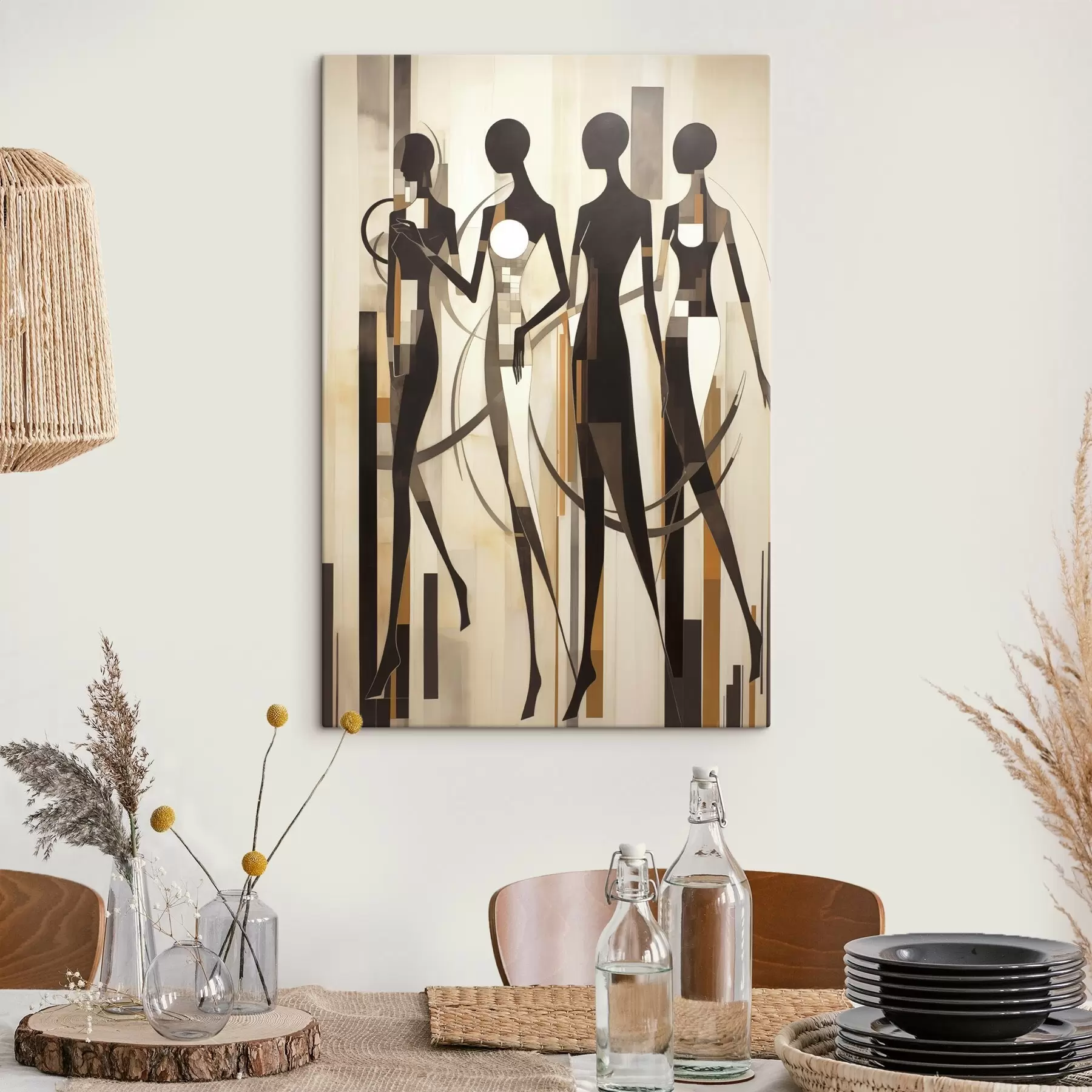 murales de pared Figuras femeninas estilizadas con elementos geométricos sobre un fondo abstracto de líneas verticales. s47423