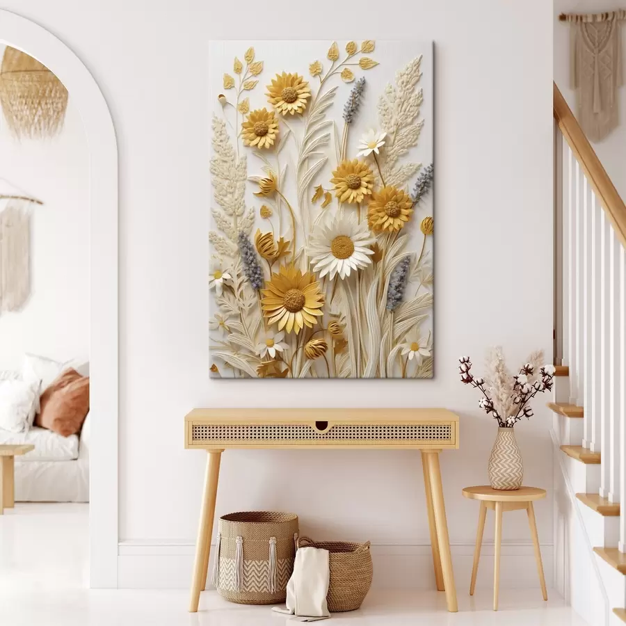 murales de pared Una colección texturizada de margaritas amarillas y blancas con hierbas secas y ramitas de lavanda sobre un fondo blanco. s47430