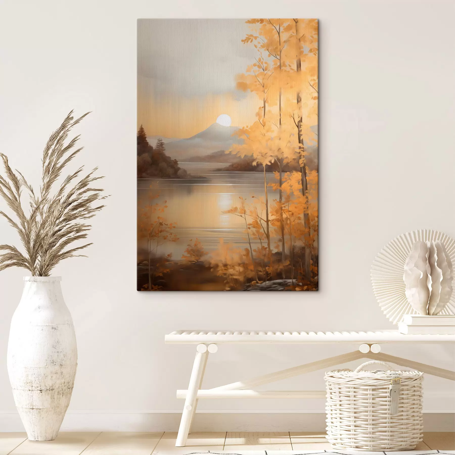 murales de pared Árboles otoñales con hojas anaranjadas enmarcan un lago tranquilo con montañas lejanas bajo un cielo nublado. s47440