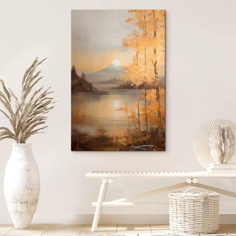 murales de pared Árboles otoñales con hojas anaranjadas enmarcan un lago tranquilo con montañas lejanas bajo un cielo nublado. s47440