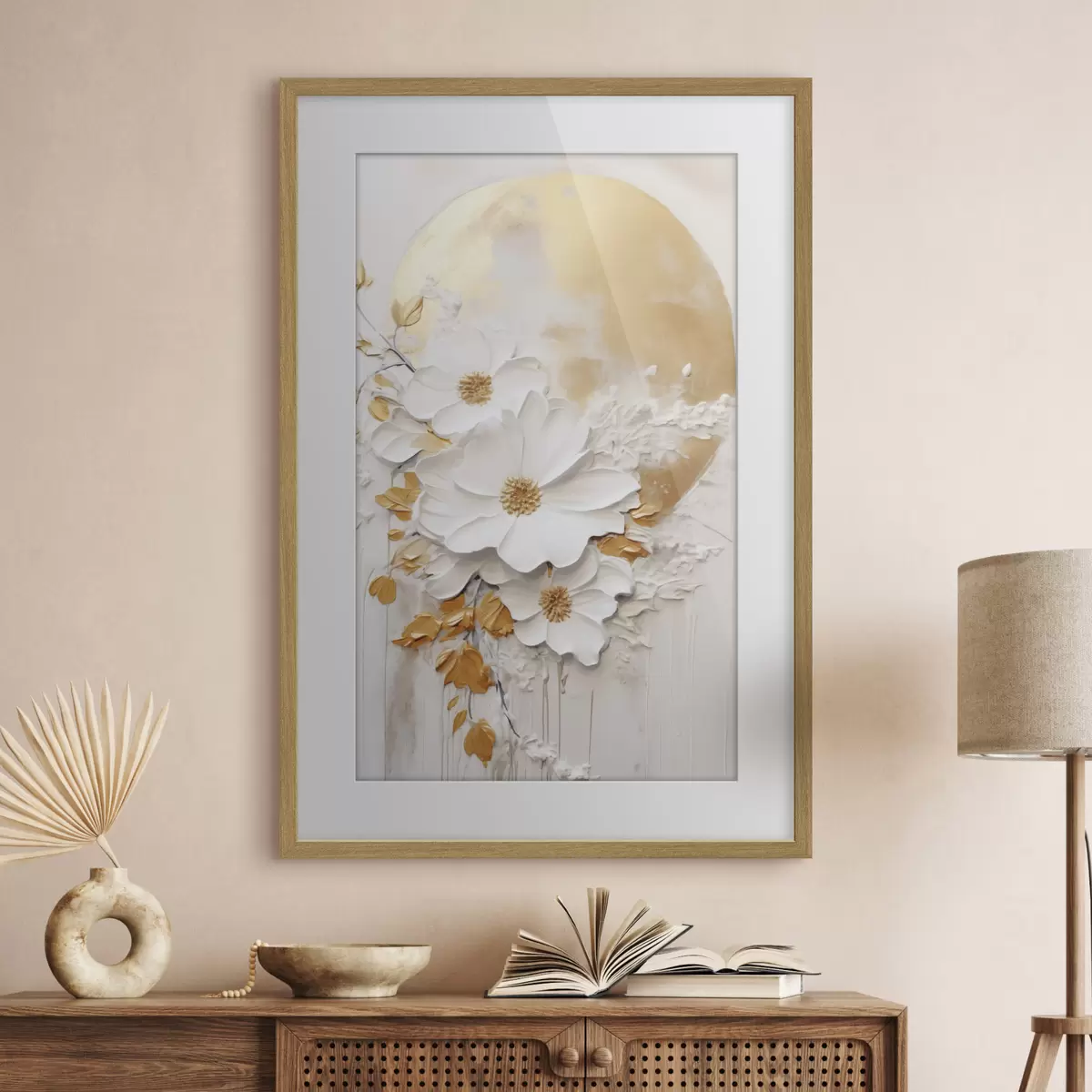 Poster Flores blancas con detalles amarillos y hojas delicadas sobre un fondo texturizado, arte moderno. f47414