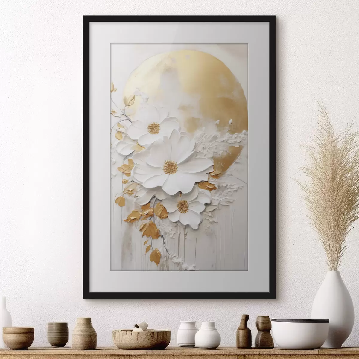 Poster Flores blancas con detalles amarillos y hojas delicadas sobre un fondo texturizado, arte moderno. f47414