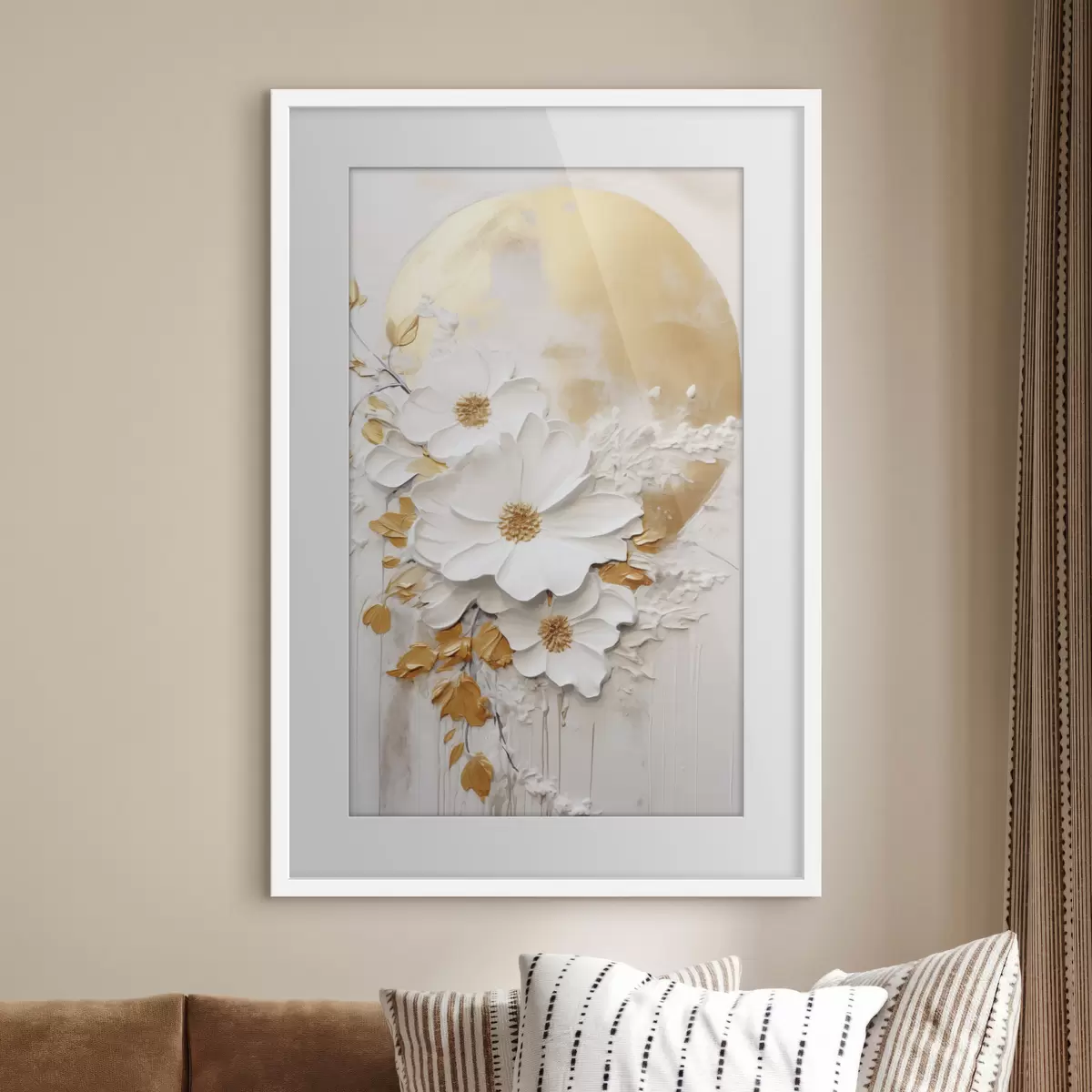 Poster Flores blancas con detalles amarillos y hojas delicadas sobre un fondo texturizado, arte moderno. f47414