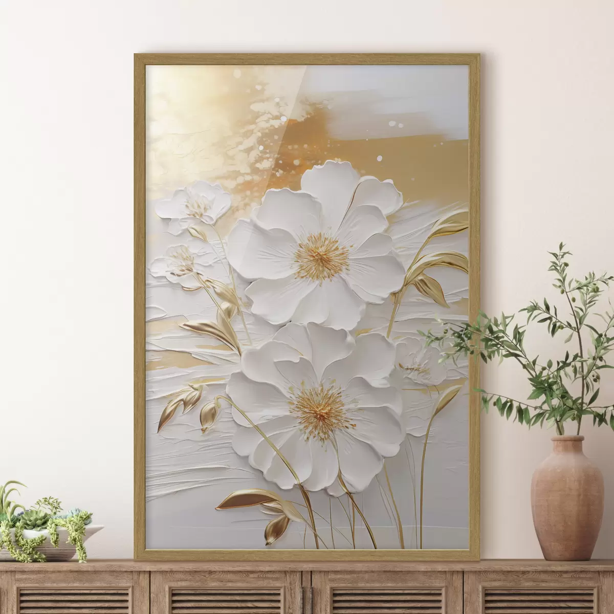 Poster Flores blancas con detalles amarillos y hojas delicadas sobre un fondo texturizado, arte moderno. f47415