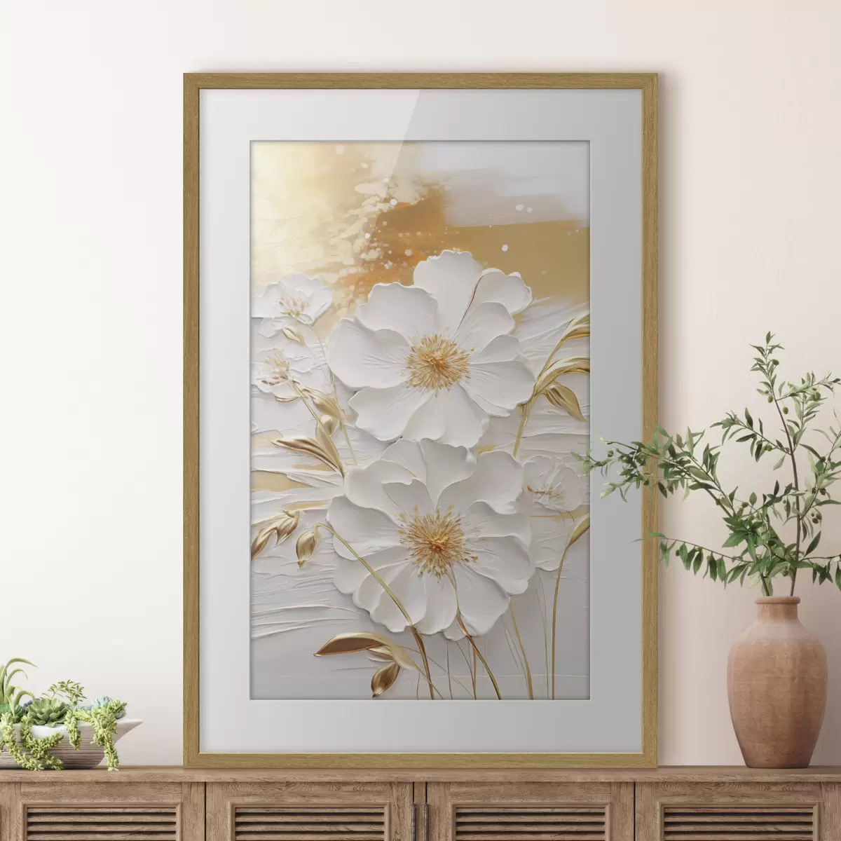Poster Flores blancas con detalles amarillos y hojas delicadas sobre un fondo texturizado, arte moderno. f47415