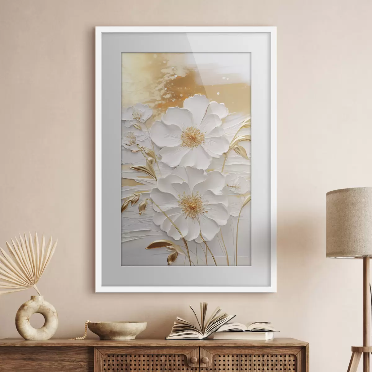 Poster Flores blancas con detalles amarillos y hojas delicadas sobre un fondo texturizado, arte moderno. f47415