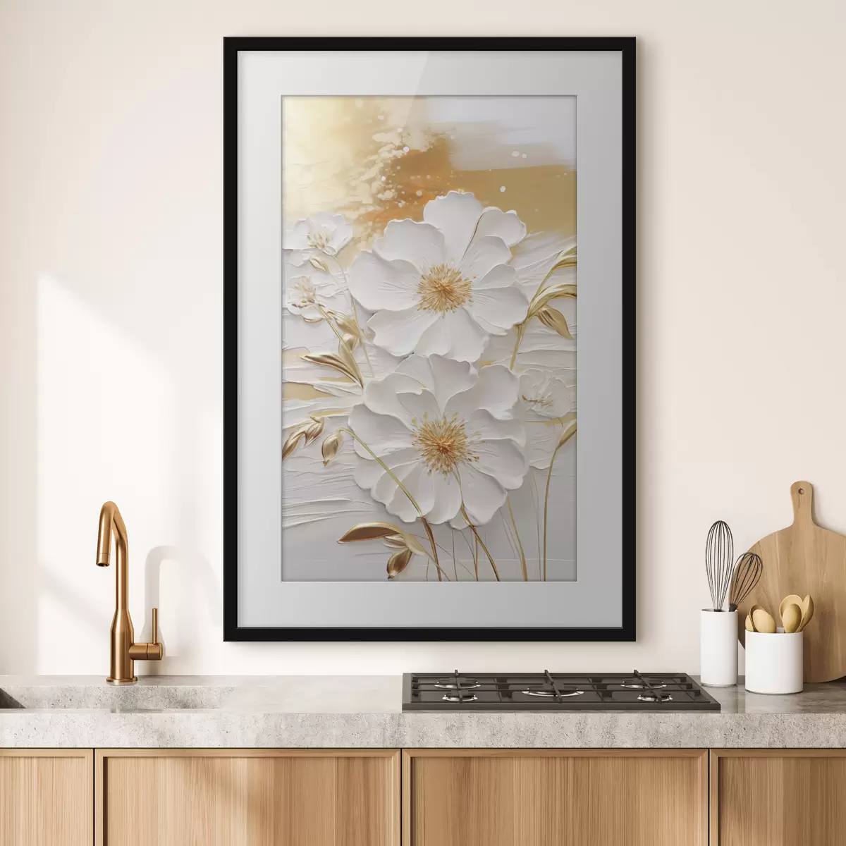 Poster Flores blancas con detalles amarillos y hojas delicadas sobre un fondo texturizado, arte moderno. f47415