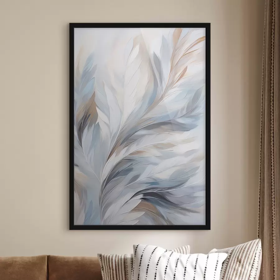 murales de pared Delicadas plumas azul claro y marrón con una textura suave y etérea, sobre un fondo blanco. f47416