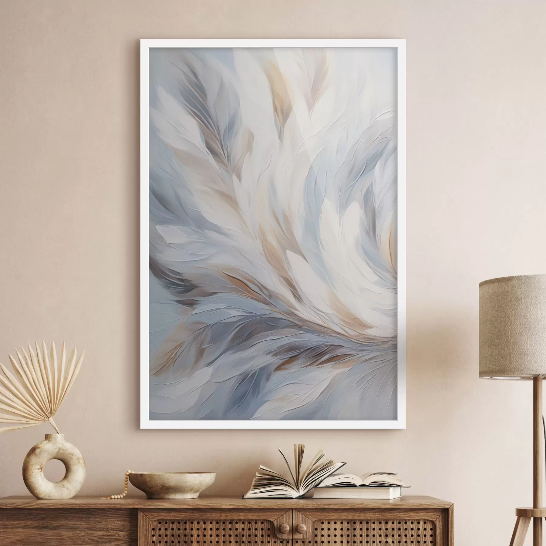 murales de pared Pintura abstracta de plumas en tonos blancos, azules y marrones, con una textura suave y fluida y un fondo claro. f47417