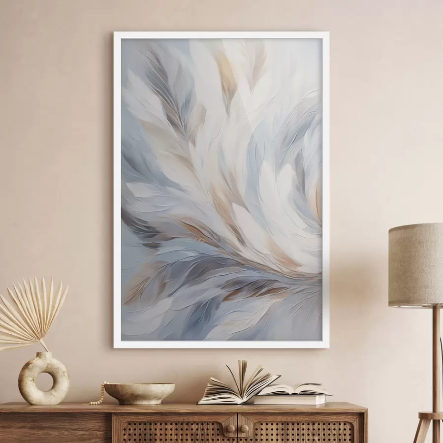 murales de pared Pintura abstracta de plumas en tonos blancos, azules y marrones, con una textura suave y fluida y un fondo claro. f47417