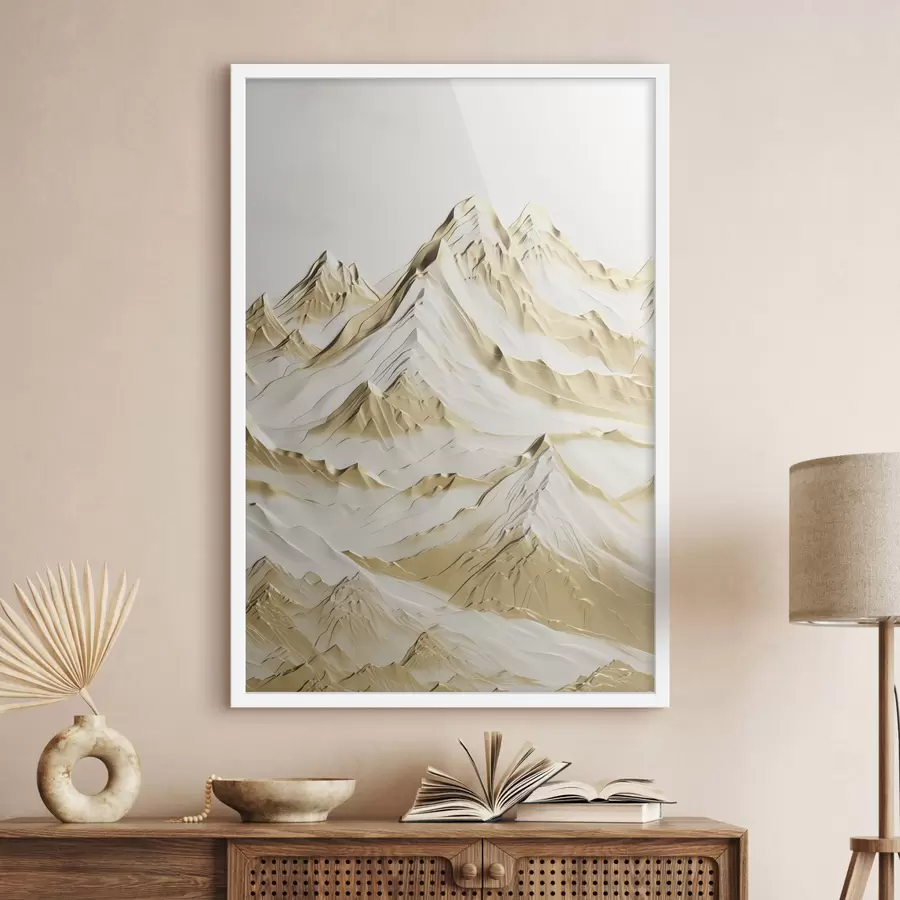 murales de pared Un paisaje de montañas amarillas cubiertas de nieve con picos afilados y valles profundos bajo un cielo claro. f47420