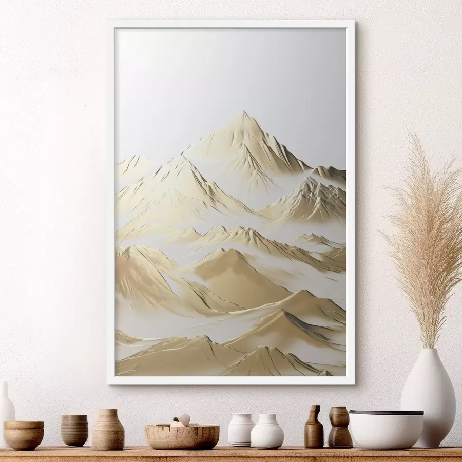 murales de pared Un paisaje de montañas amarillas cubiertas de nieve con picos afilados y valles profundos bajo un cielo claro. f47421