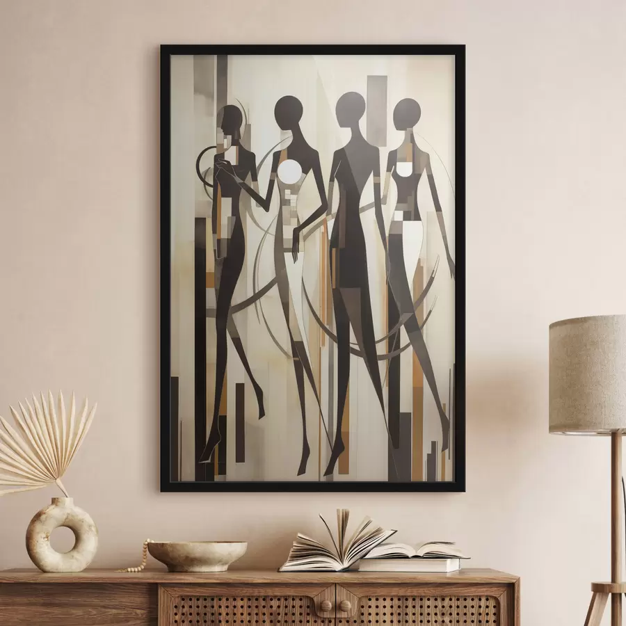 murales de pared Figuras femeninas estilizadas con elementos geométricos sobre un fondo abstracto de líneas verticales. f47423