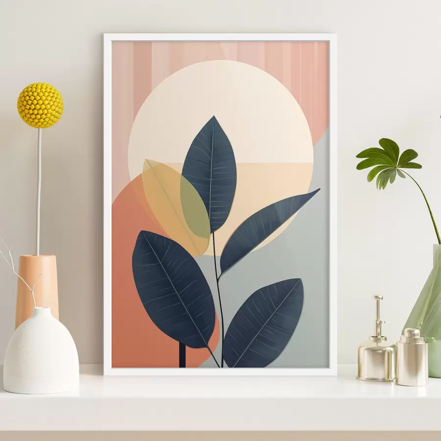 murales de pared Hojas oscuras sobre un fondo de formas abstractas en tonos melocotón y gris con un gran círculo amarillo pálido. f47424