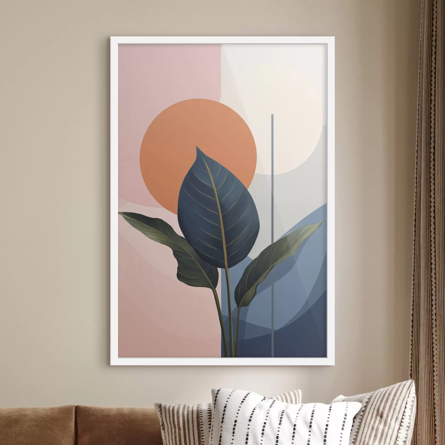 murales de pared Hojas oscuras sobre un fondo de formas abstractas en tonos melocotón y gris con un círculo naranja. f47425