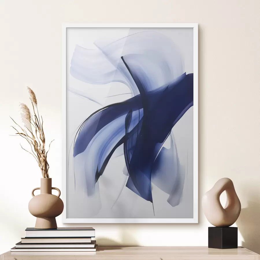 murales de pared Formas abstractas azules similares a pinceladas con líneas y curvas fluidas sobre un fondo blanco, arte moderno. f47429