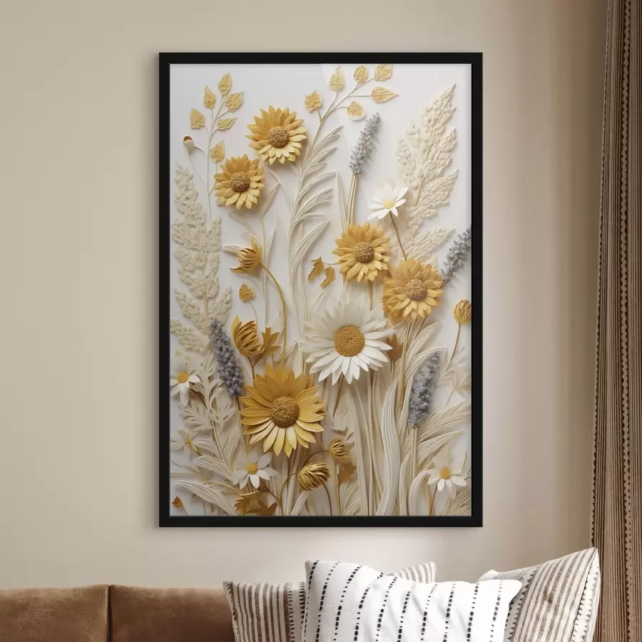 murales de pared Una colección texturizada de margaritas amarillas y blancas con hierbas secas y ramitas de lavanda sobre un fondo blanco. f47430