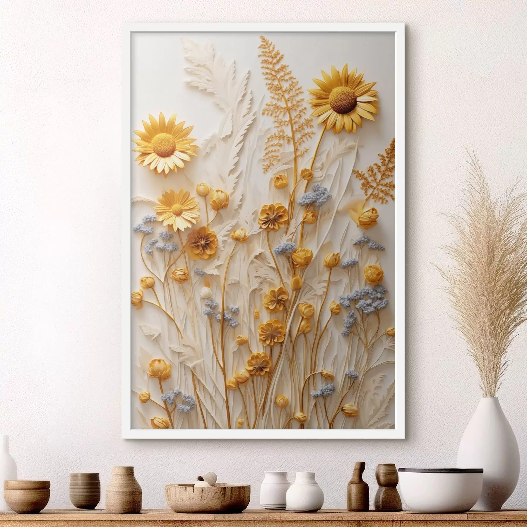 murales de pared Una colección texturizada de margaritas amarillas y blancas con hierbas secas y ramitas de lavanda sobre un fondo blanco. f47431