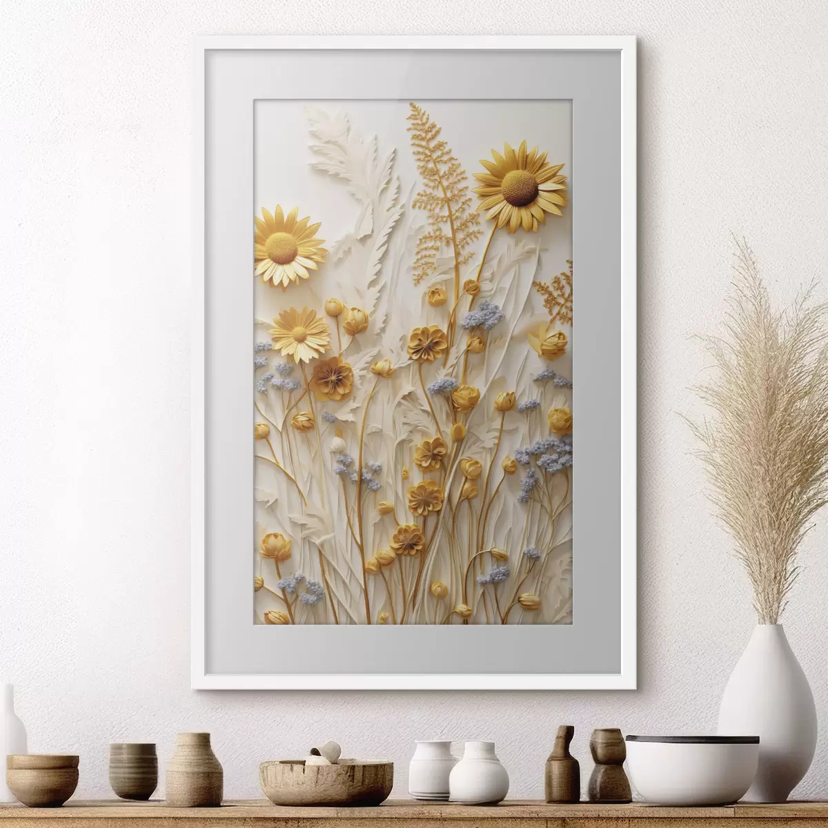 Poster Una colección texturizada de margaritas amarillas y blancas con hierbas secas y ramitas de lavanda sobre un fondo blanco. f47431