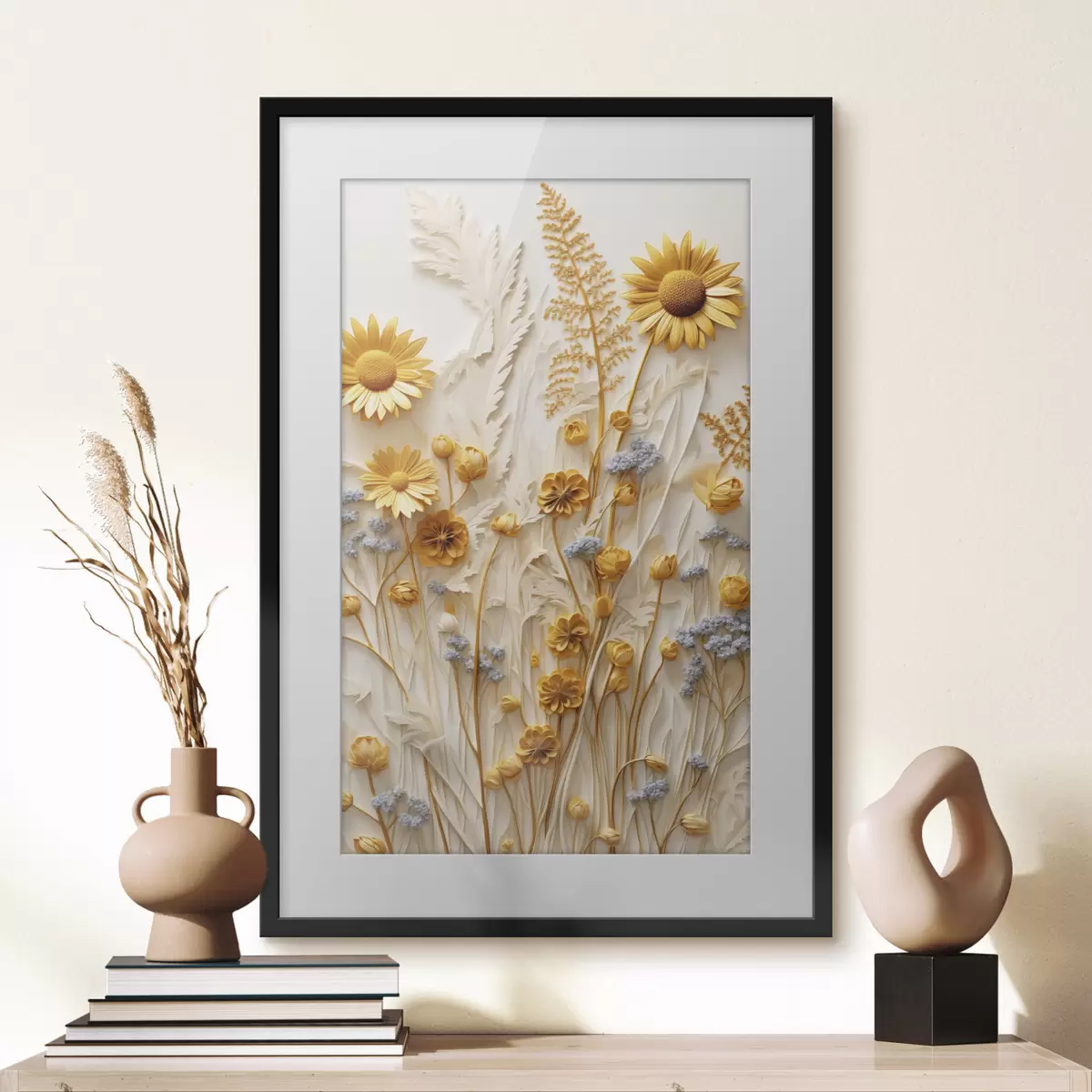 Poster Una colección texturizada de margaritas amarillas y blancas con hierbas secas y ramitas de lavanda sobre un fondo blanco. f47431