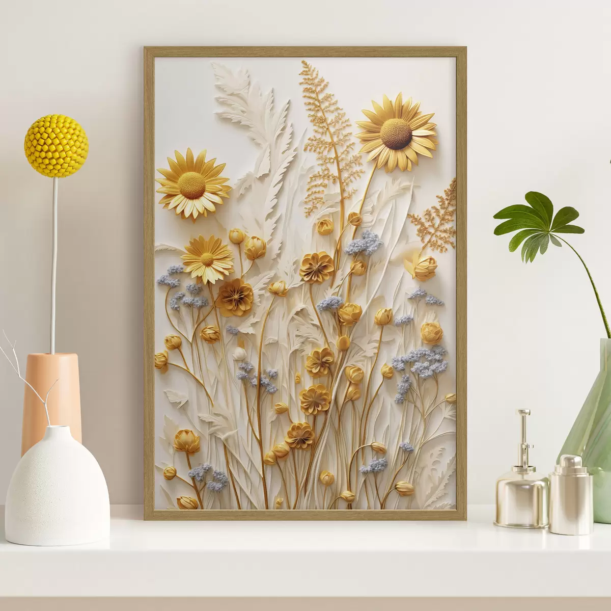 Poster Una colección texturizada de margaritas amarillas y blancas con hierbas secas y ramitas de lavanda sobre un fondo blanco. f47431