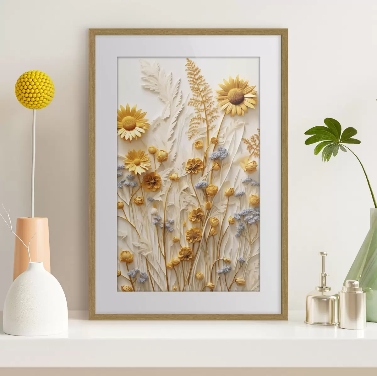 Poster Una colección texturizada de margaritas amarillas y blancas con hierbas secas y ramitas de lavanda sobre un fondo blanco. f47431