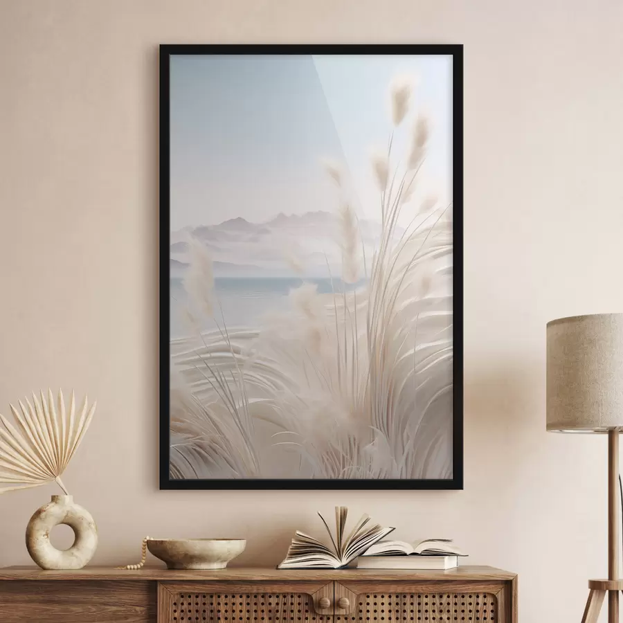 murales de pared Altas y plumosas hierbas de la pampa en suaves tonos beige, con una playa de arena y montañas al fondo. f47433