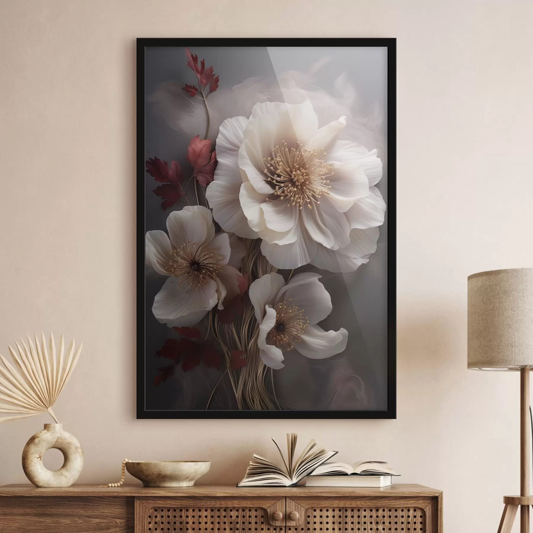 murales de pared Delicadas peonías con pétalos finos y tenues, rodeadas de hojas de color rojo oscuro sobre un fondo abstracto. f47434