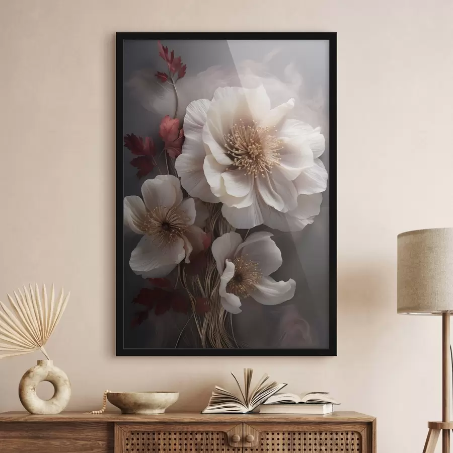 murales de pared Delicadas peonías con pétalos finos y tenues, rodeadas de hojas de color rojo oscuro sobre un fondo abstracto. f47434