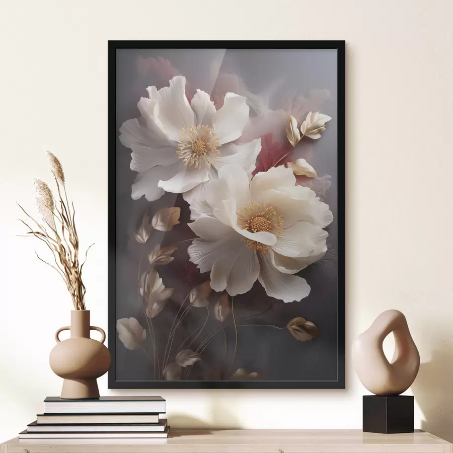 murales de pared Delicadas peonías con pétalos finos y tenues, rodeadas de hojas de color rojo oscuro y amarillo sobre un fondo abstracto. f47435