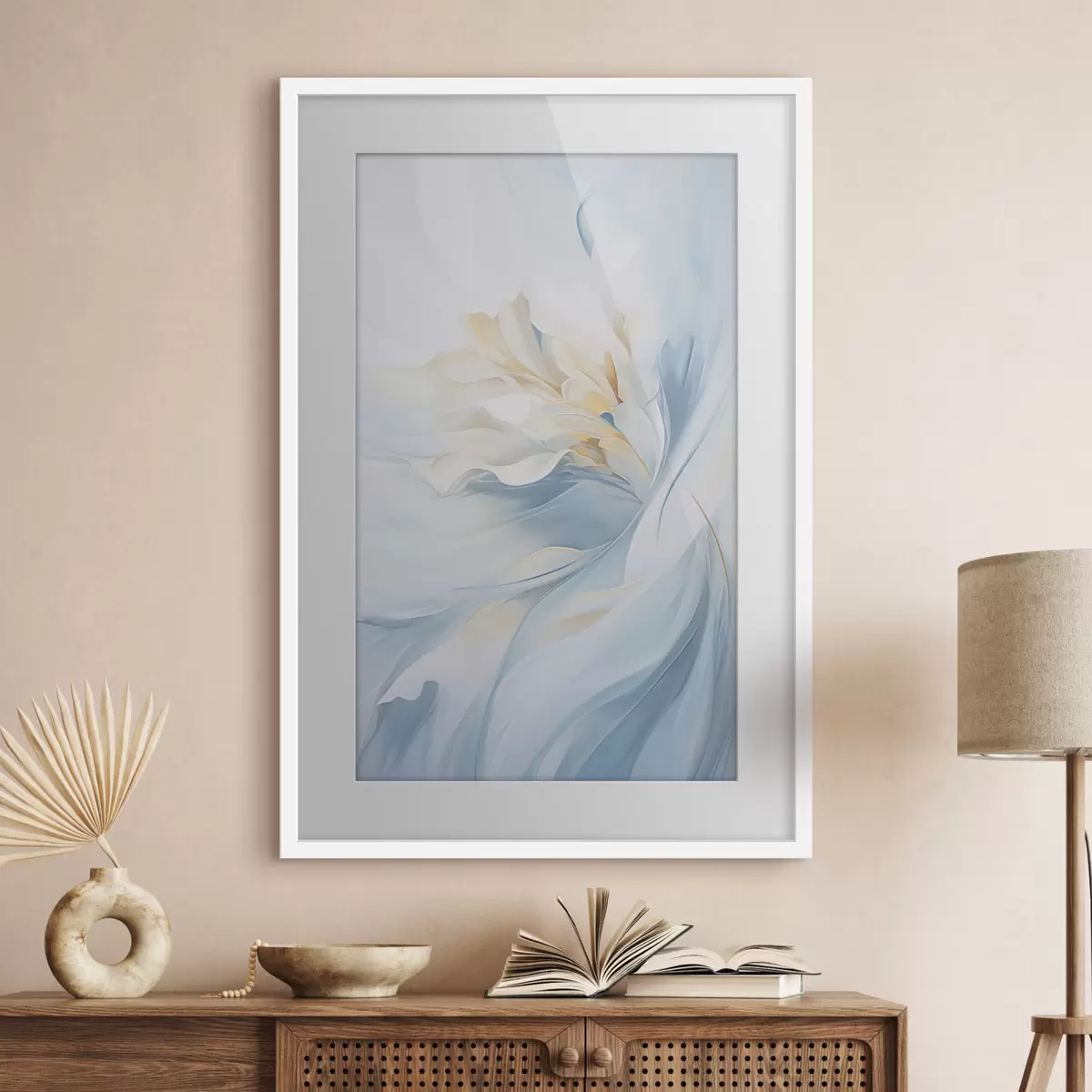 Poster Pétalos abstractos, delicados y translúcidos que se arremolinan hacia dentro con una iluminación suave y una textura pictórica. f47436