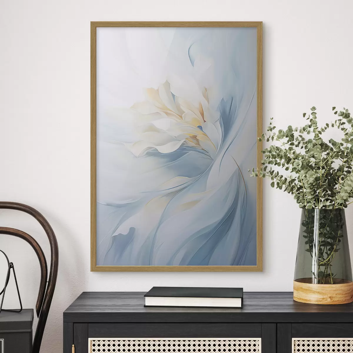 Poster Pétalos abstractos, delicados y translúcidos que se arremolinan hacia dentro con una iluminación suave y una textura pictórica. f47436
