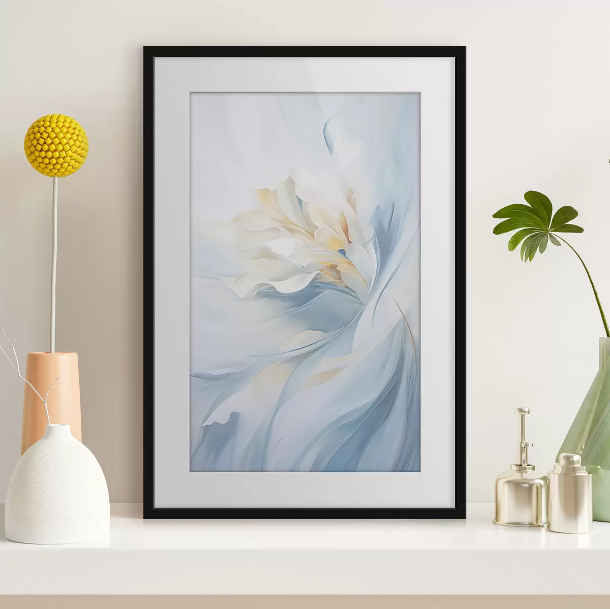 Poster Pétalos abstractos, delicados y translúcidos que se arremolinan hacia dentro con una iluminación suave y una textura pictórica. f47436