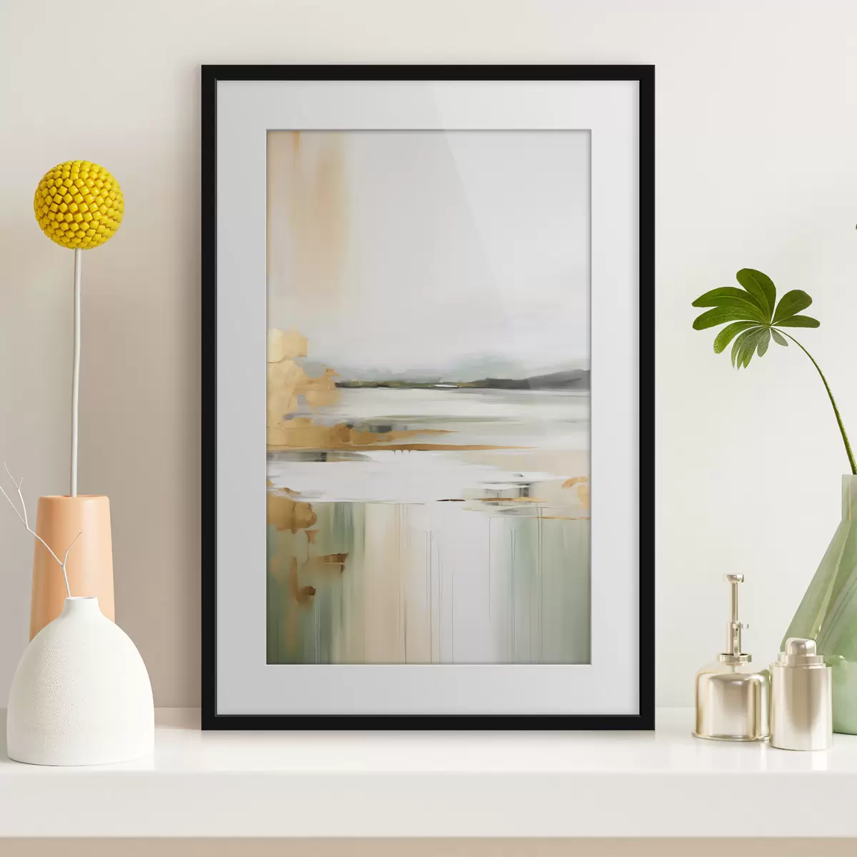 Poster Paisaje abstracto con tonos amarillos y verdes, agua que refleja el cielo y montañas lejanas, cielo pálido y brumoso. f47438