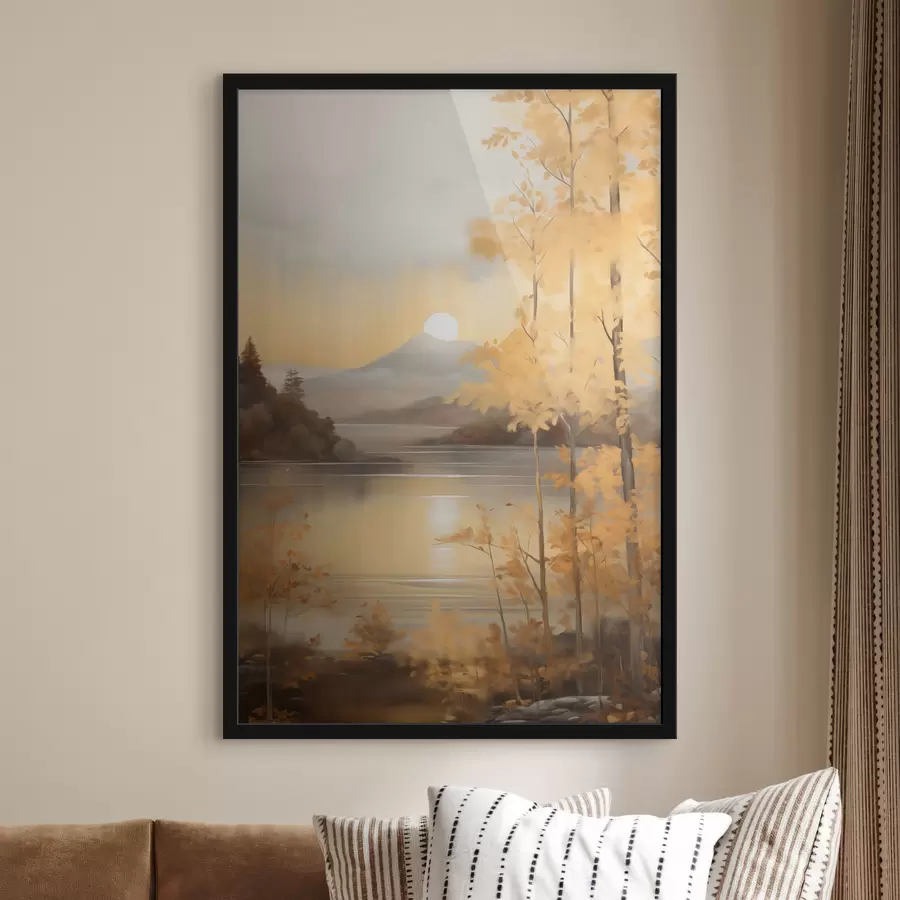 murales de pared Árboles otoñales con hojas anaranjadas enmarcan un lago tranquilo con montañas lejanas bajo un cielo nublado. f47440