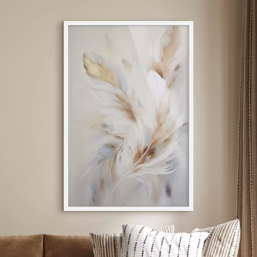 murales de pared Plumas grandes y suaves con una mezcla de tonos blancos, amarillos y marrones, sobre un fondo claro y abstracto. f47442