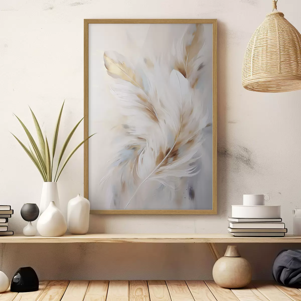 Poster Plumas grandes y suaves con una mezcla de tonos blancos, amarillos y marrones, sobre un fondo claro y abstracto. f47442