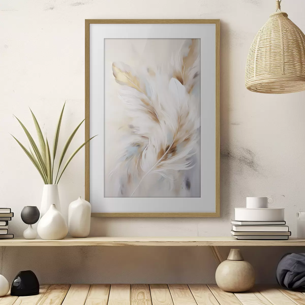 Poster Plumas grandes y suaves con una mezcla de tonos blancos, amarillos y marrones, sobre un fondo claro y abstracto. f47442