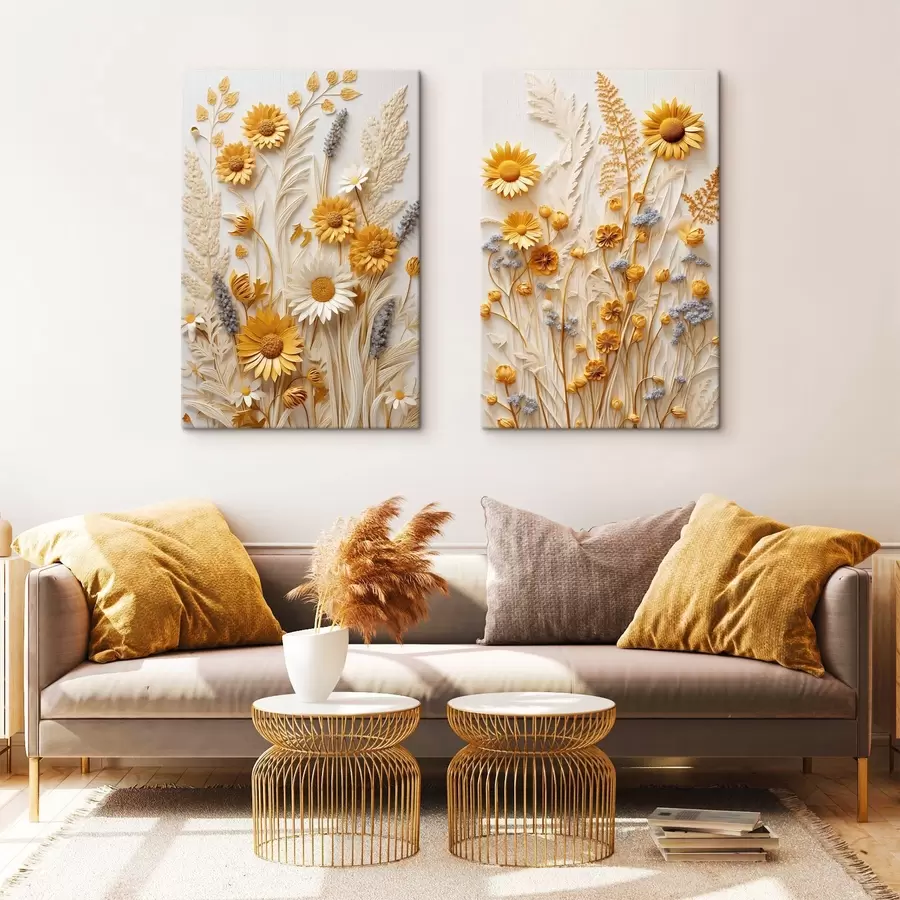 murales de pared Una colección texturizada de margaritas amarillas y blancas con hierbas secas y ramitas de lavanda sobre un fondo blanco. m01241