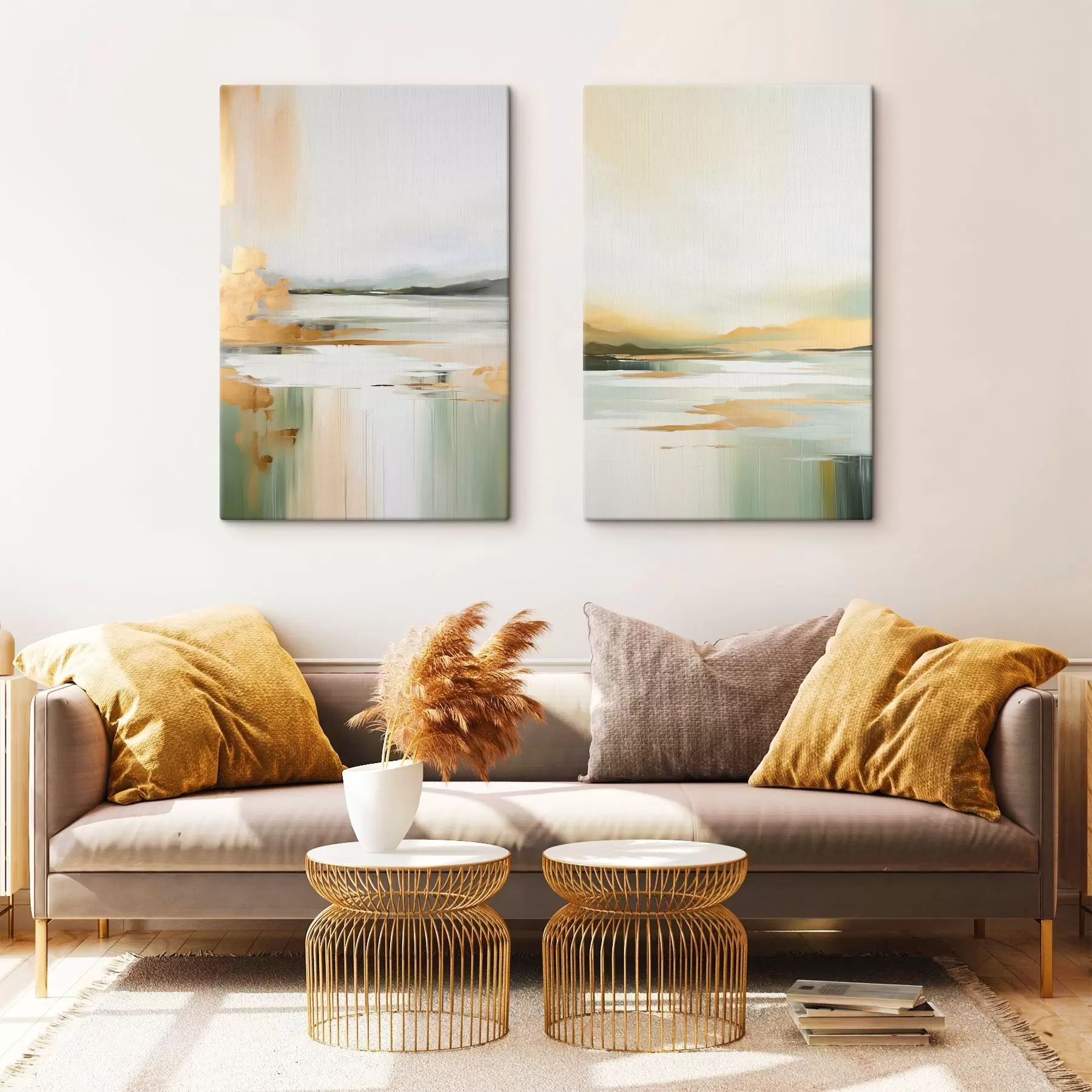 murales de pared Paisaje abstracto con tonos amarillos y verdes, agua que refleja el cielo y montañas lejanas, cielo pálido y brumoso. m01245