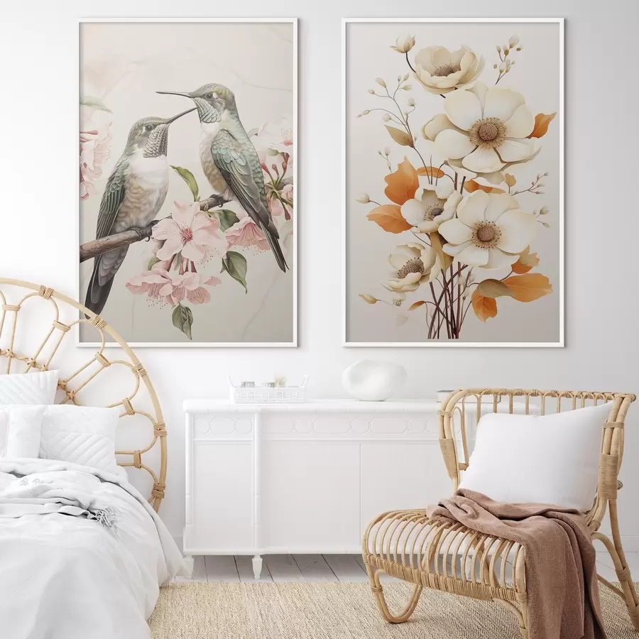 murales de pared Flores y pájaros en las ramas d00560